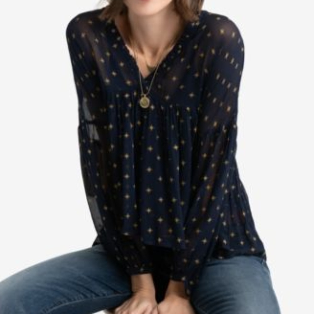 Lucky Brand Metallic Babydoll Peasant Top, Navy